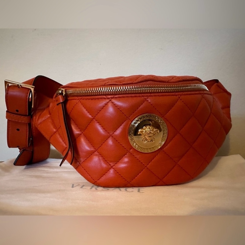 Versace Quilted orange leather fanny/belt/shoulder bag NEW (AUTHENTIC